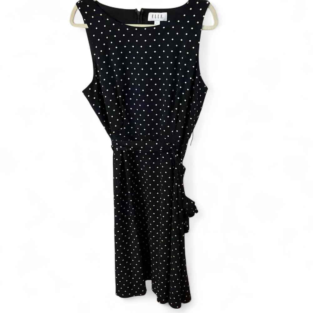 ELLE - Women's Black and White Polka Dot Midi Fit and Flare Dress - Size Large